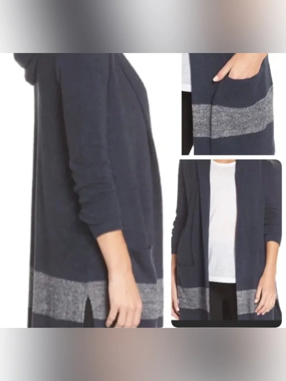 Barefoot Dreams Hooded CozyChic Navy Blue Grey Stripe Cardigan Size XS Small